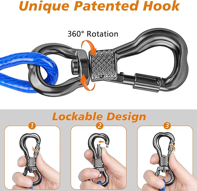 XiaZ 10ft Dog Tie Out Cable, Dog Runner for Yard Steel Wire Pet Cable with Durable Lockable Clips, Chains for Outside Dogs Lead for Medium Dogs Up to 60 LBS