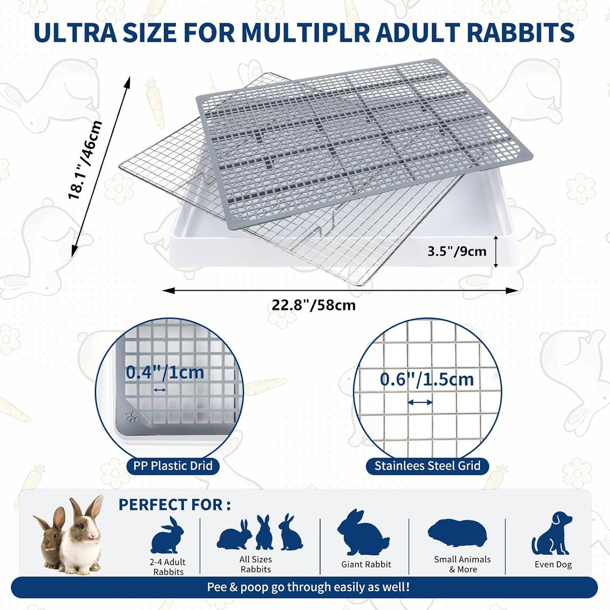 FHTONGE Extra Large Rabbit Litter Box Training Tray with Large Steel - 22x18x3"(58x46x9cm) / 0.6" Stee Grids + 0.4" PP Grids - image 2
