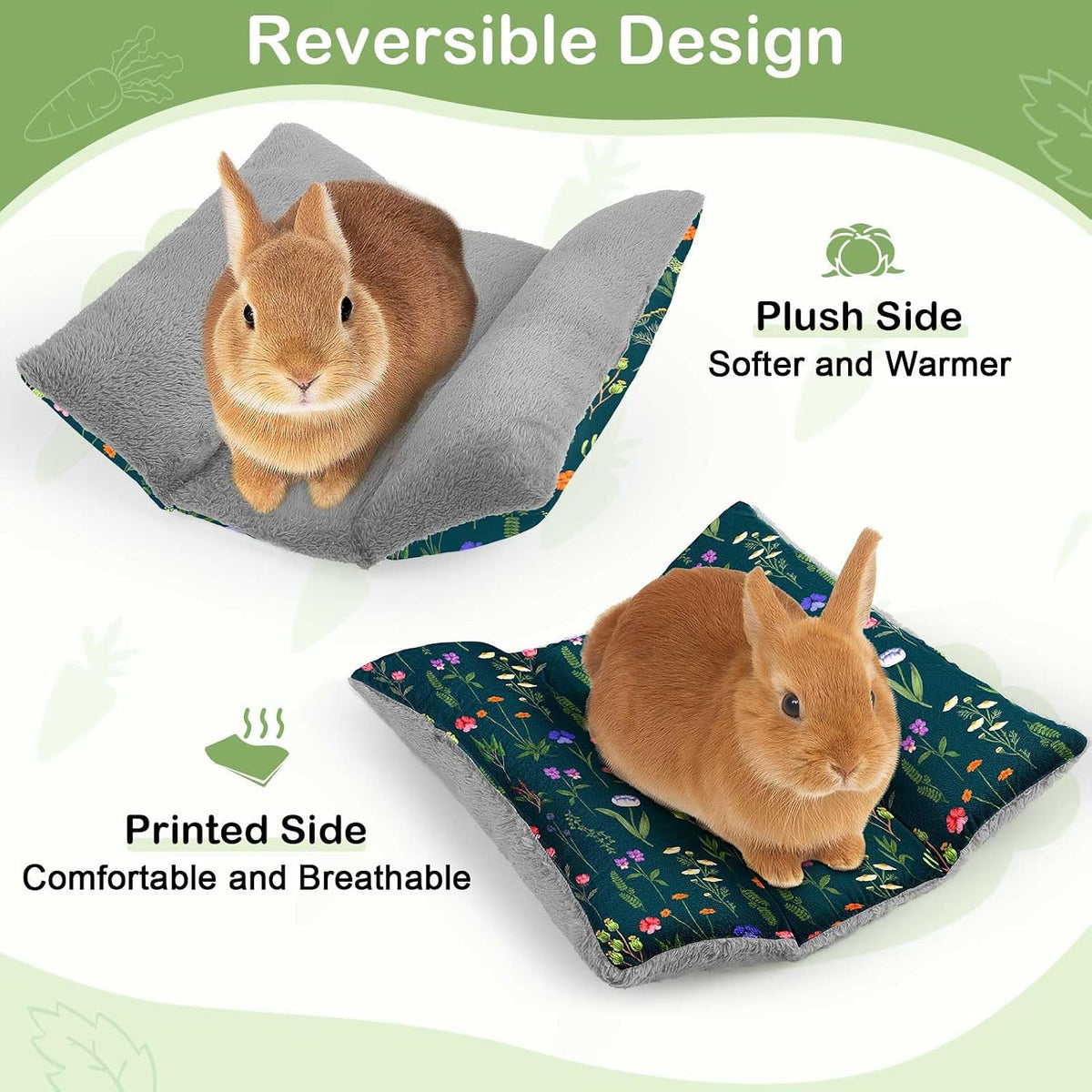 15"x14" Soft Plush Rabbit Bed Washable Cuddle Mat for Small Pets – Daily Care for Small Pets - Dark Green Flowers / Medium - image 4