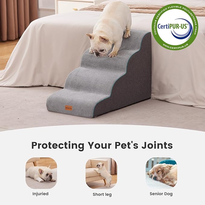 Gardner Pet Dog Stairs for Small Dogs 19.7" H, Curved 4-Step Pet Stairs, Dog Steps for High Bed (18-24 in), Couch with Durable Non-Slip Waterproof Fabric Cover and CertiPUR-US Certified Foam