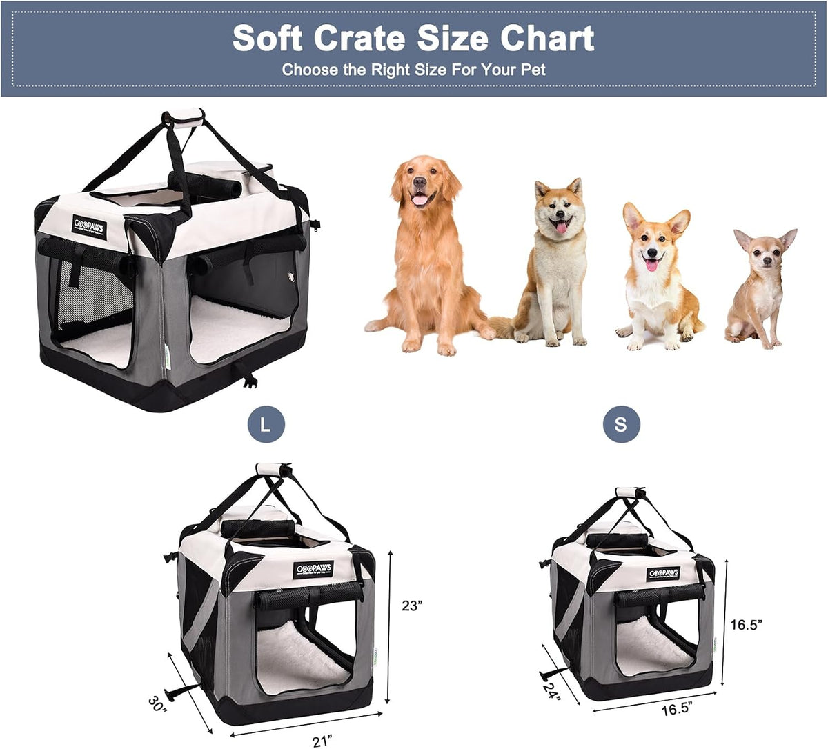 JESPET 3 Door Soft Dog Crates Kennel - 7-Light Grey / Large(30"L x 21"W x 23"H) - image 3