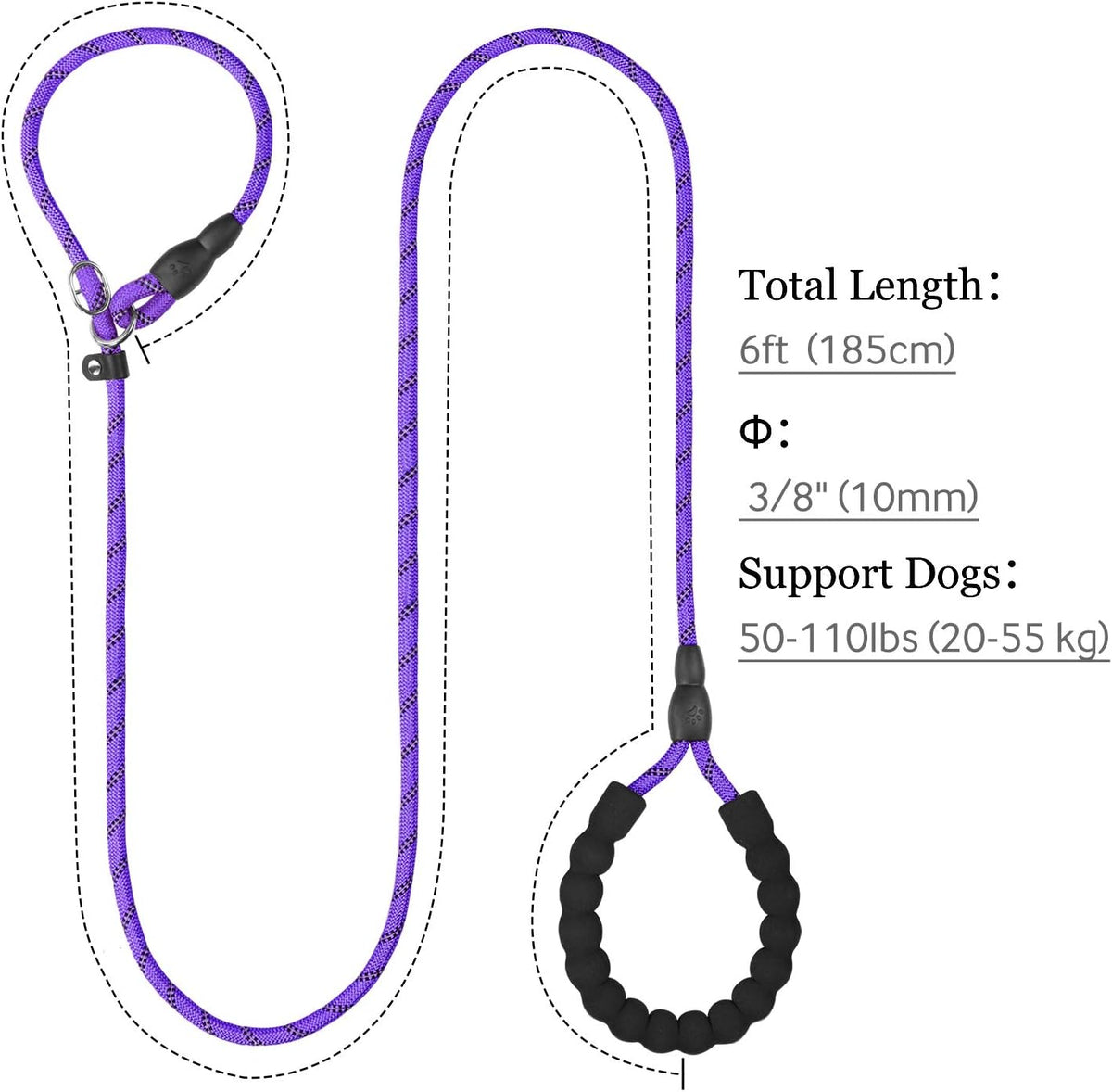 Slip Lead for Dogs, No Pull Training Leash, Padded Handle – Essentials for Dogs - M-3/8"x6'(50-110lbs) / Purple - image 2