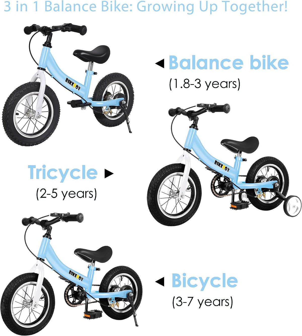 bikeboy 2 in 1 balance bike with pedals and hand brake, 12 14 16 inch wheels - view 7