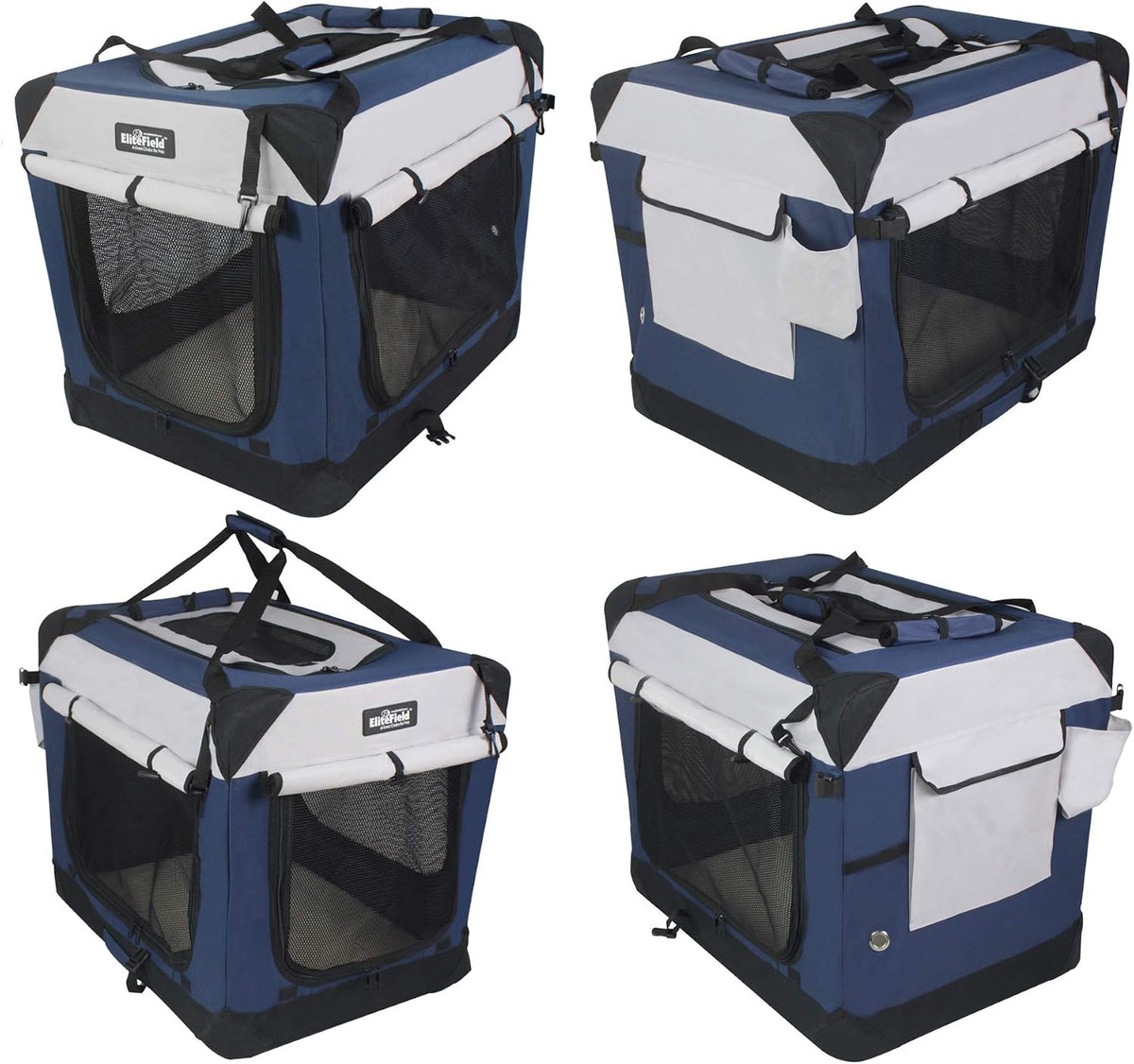 EliteField 4-Door Folding Soft Dog Crate with Curtains – Essentials for Dogs - Navy Blue+Gray / 36.0"L x 24.0"W x 28.0"H - image 2