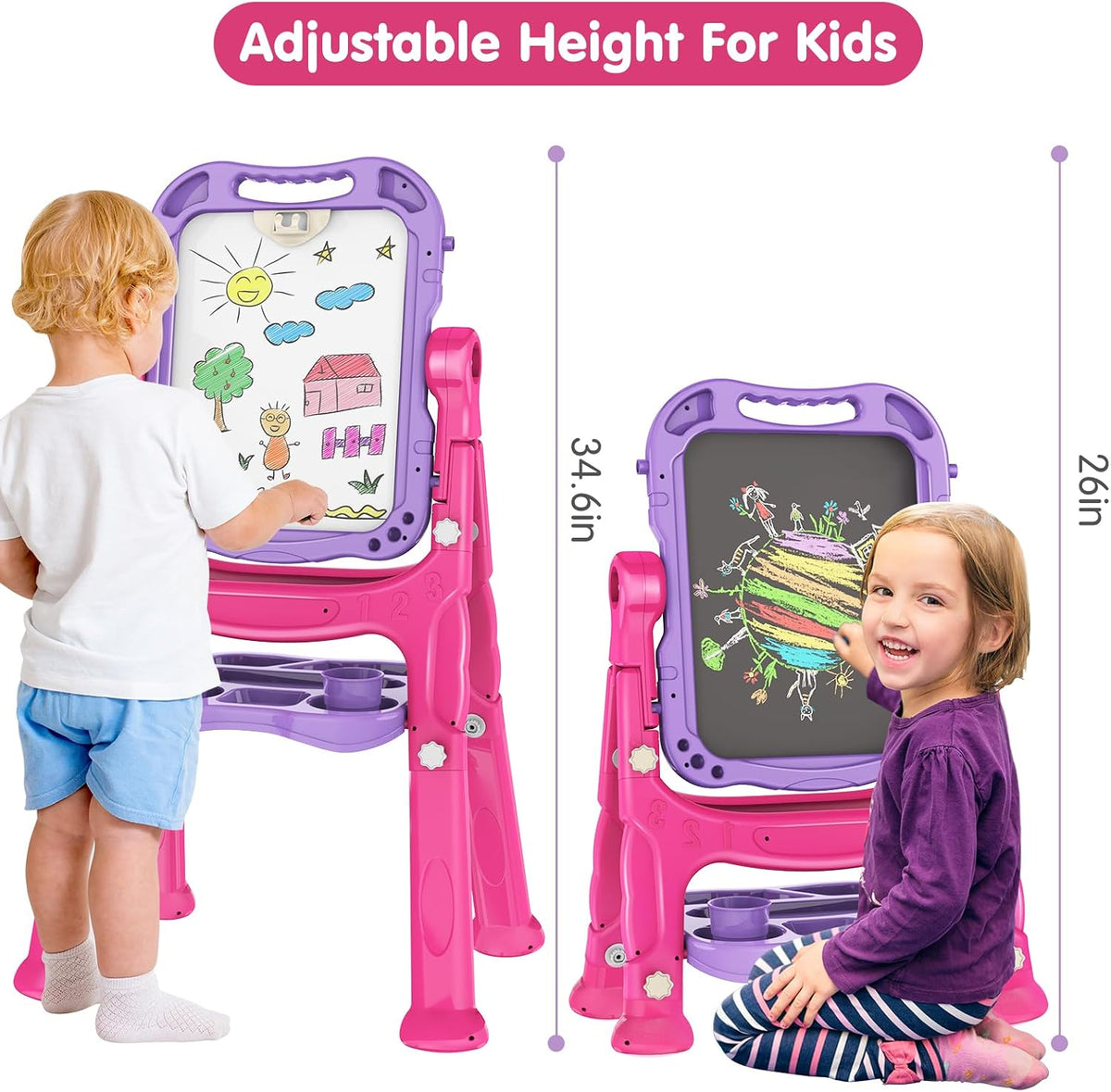 Amagoing Easel for Kids, Adjustable Standing Art Easel for Toddler, Double Side White Chalk Board - Purple - image 2
