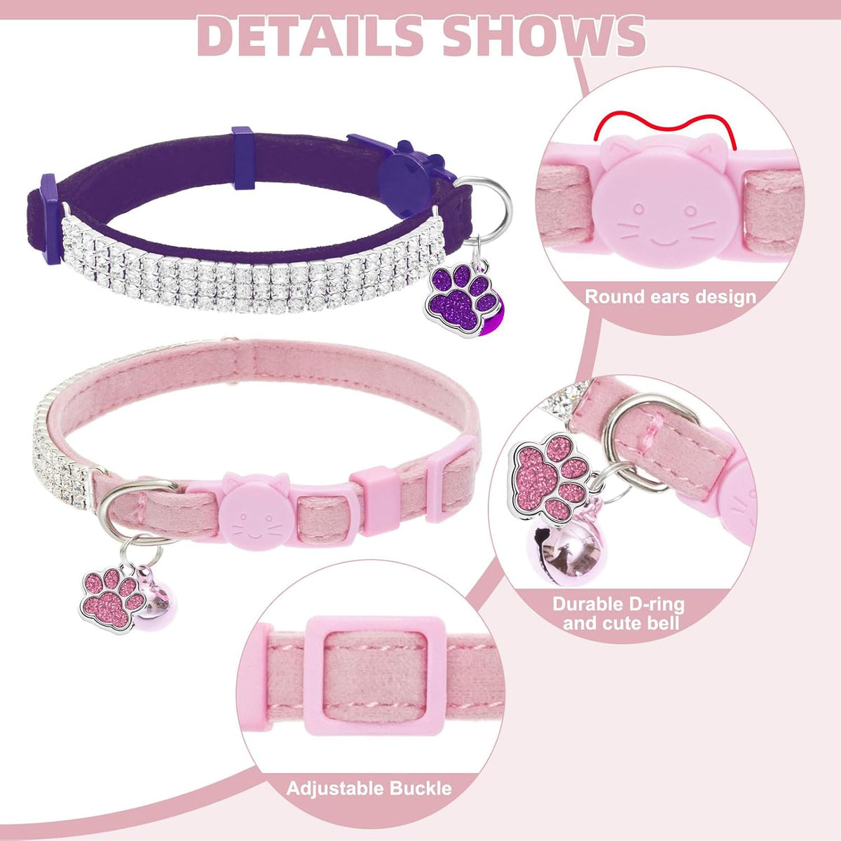 2 Pack Soft Velvet Safe Bling Diamond Cat Collars with Bells – Essentials for Cats - Pink + Purple / 9"-12" Cats / Mini Dogs - image 3