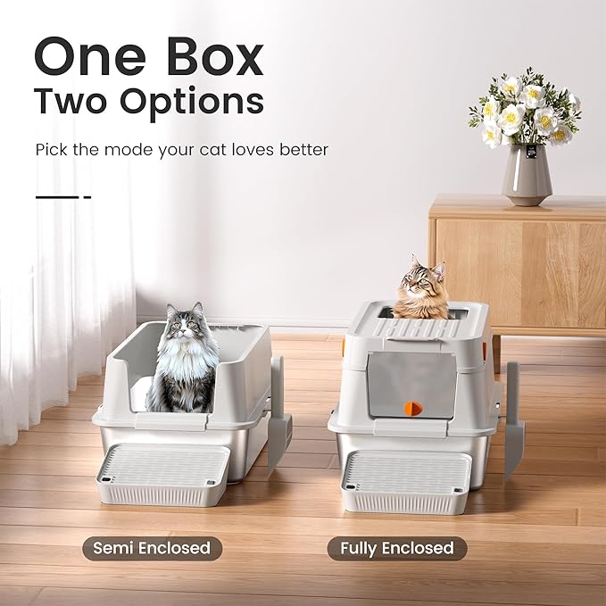 XL Stainless Steel Cat Litter Box with Easy-Open Lid, AOTRUTII Enclosed Metal Litter Box for Big Cats, Front Entry & Top Exit, High Sided, Anti-Leak, Non-Stick, Easy to Clean, Includes Scoop