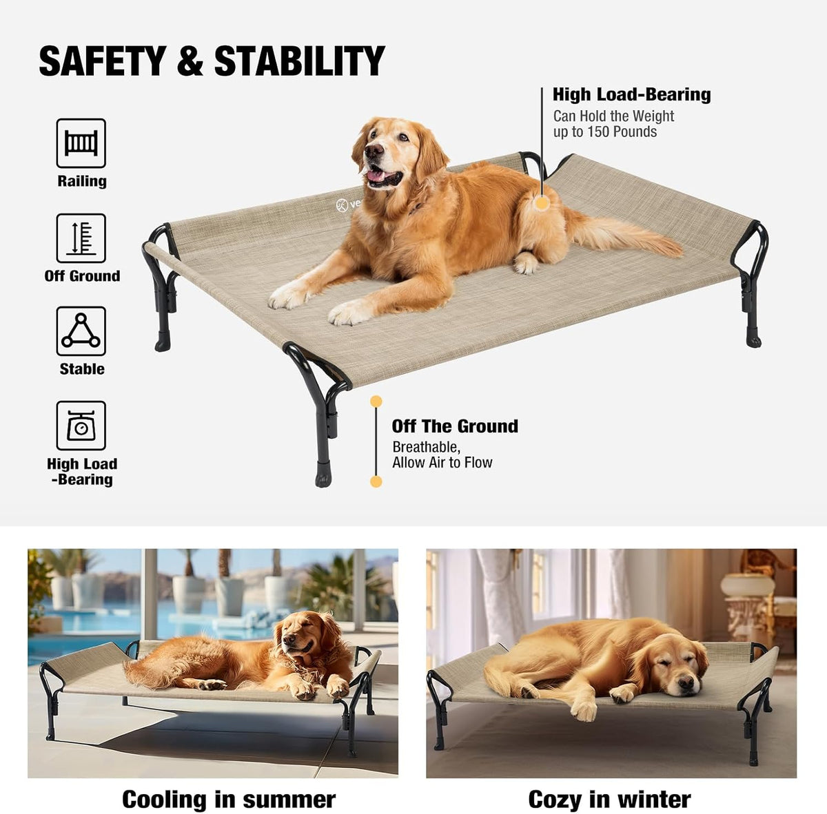 Veehoo Cooling Elevated Dog Bed - Beige Coffee / 47.0"L x 32.0"W x 12.0"Th - image 3