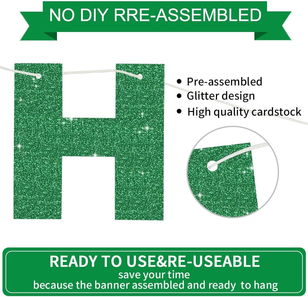 BEISHIDA Pre-Strung Glitter Pink Happy Birthday Banner Party Sign - Green Gold - image 2