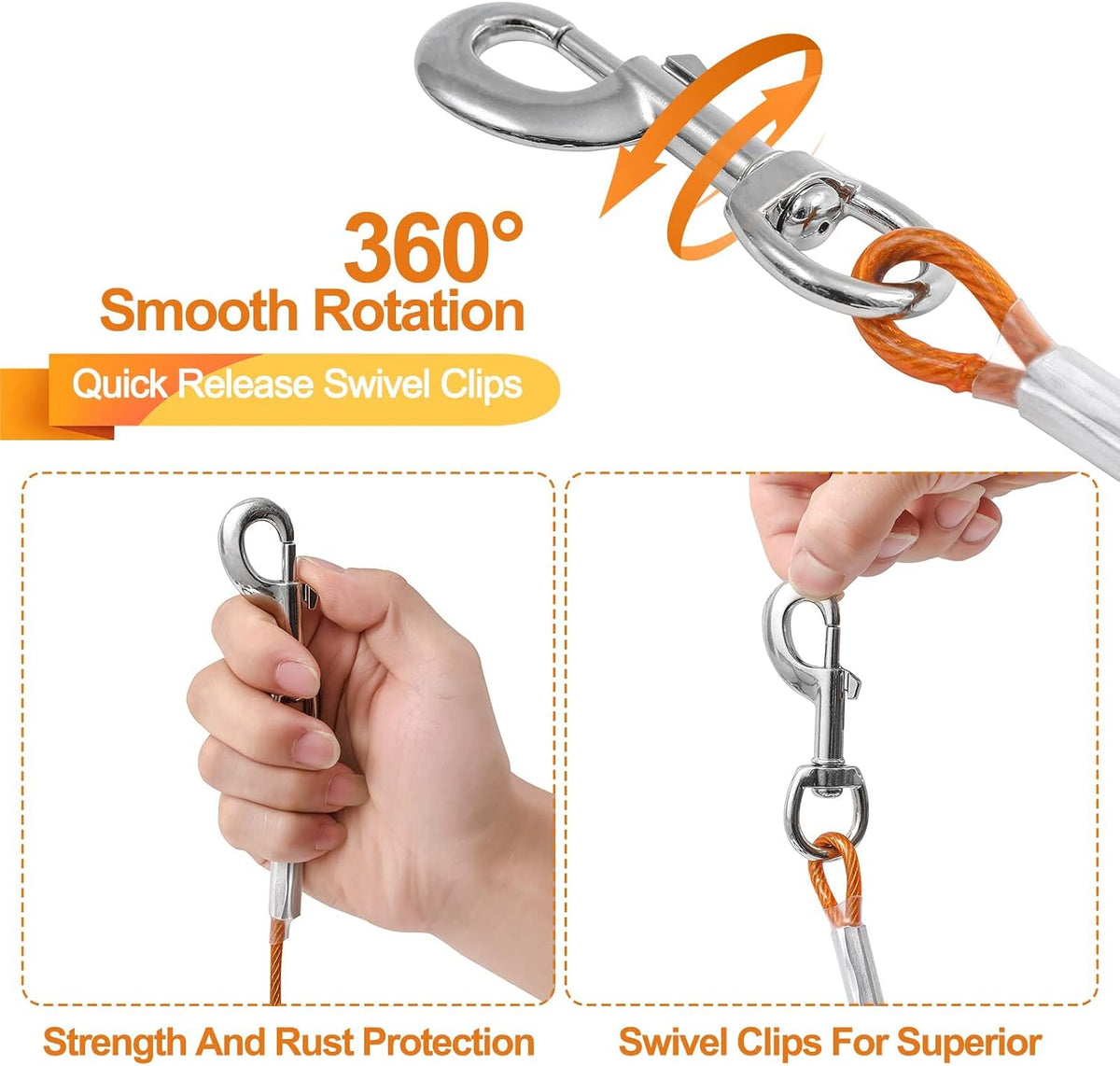 10/15/20/25FT Dog Tie Out Cable - Orange / 125Ibs 20ft