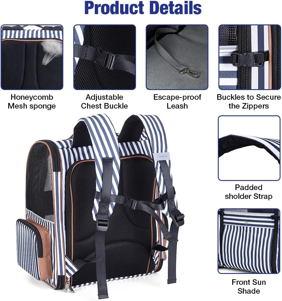Cat Carrier Backpack, Expandable Pet Carrier with Sun Shade & Full Front Opening, Breathable Mesh - Striped / L-Mesh Window - image 4