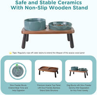 SPUNKYJUNKY Ceramic Elevated Dog Bowls with Slow Feeder Raised with Acacia Bamboo Wooden Stand, 6.1'' Dog and Cat Food Water Bowls Set Non-Slip for Small Medium Sized Breed - Dark Green