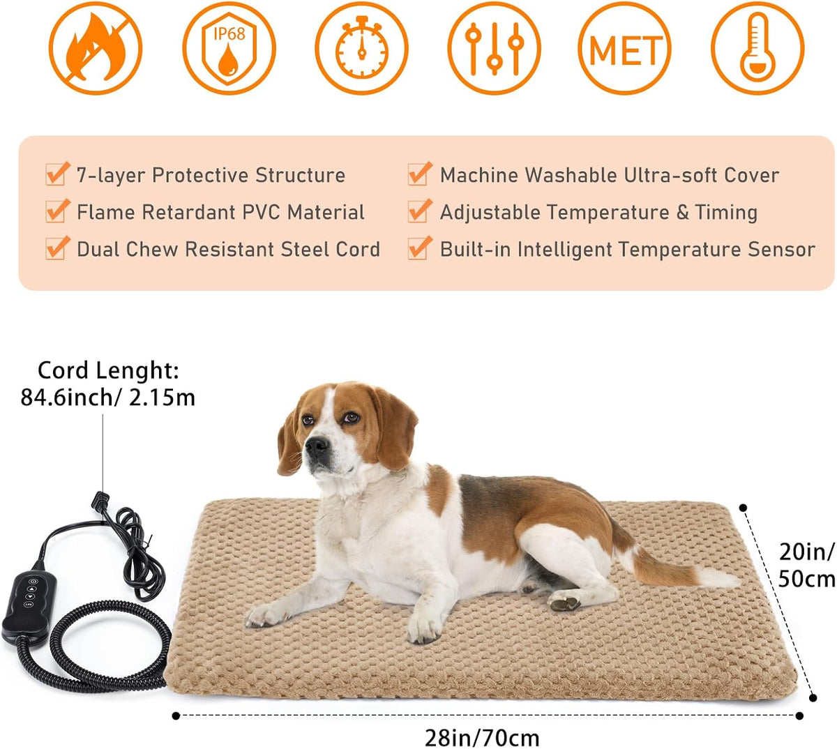 Heated Dog Bed, Waterproof Adjustable Temperature Dog Cat Heating Pad with Timer, Indoor Pet - M: 28" x 20" / Brown - image 2