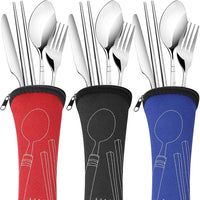 6 Pack Reusable Flatware Sets Knife, Fork, Spoon, Chopsticks, 24Pcs Portable Travel Stainless Steel Tableware Dinnerware with Carrying Case