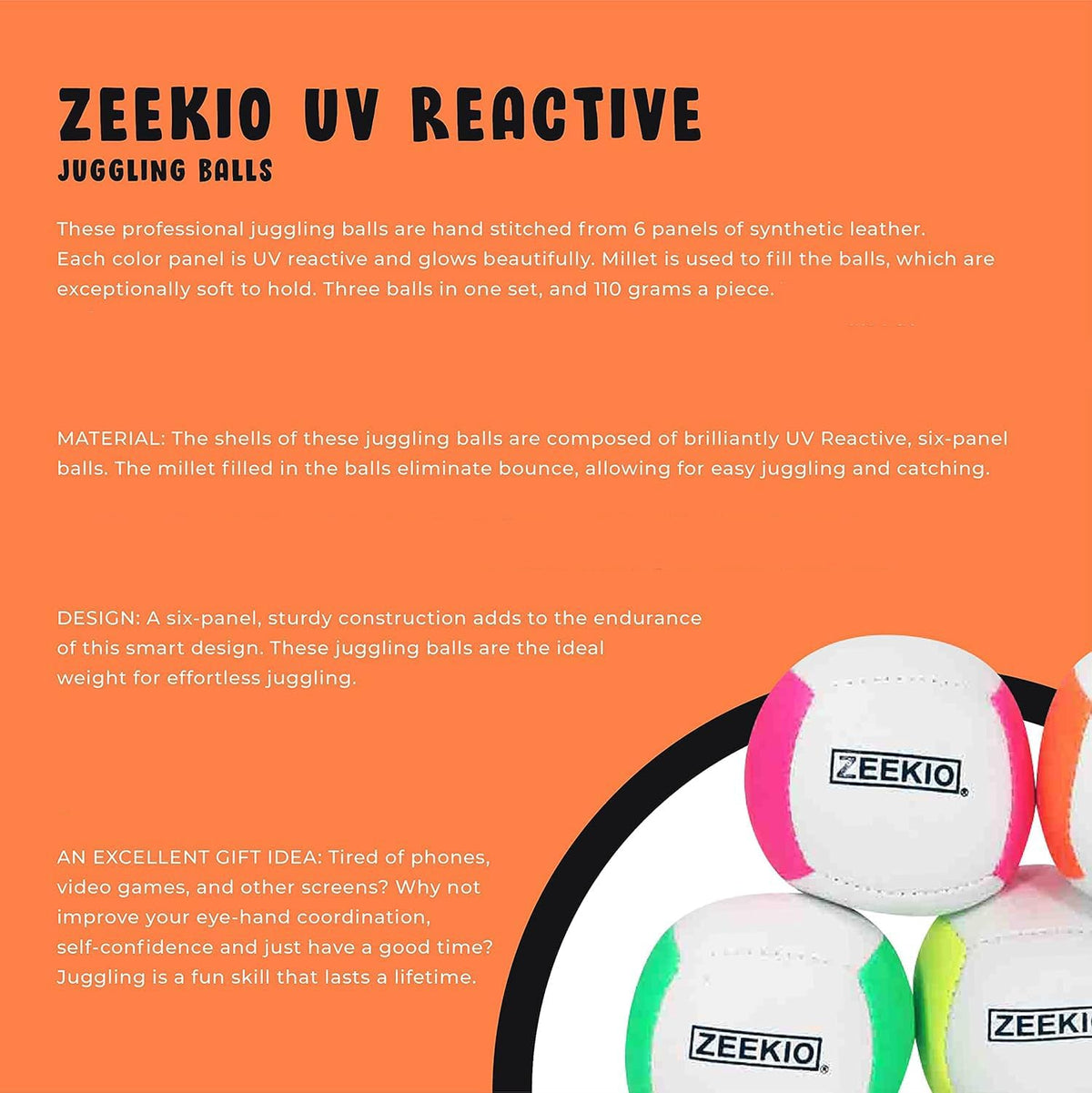 Zeekio Lunar set of 3 UV reactive six-panel juggling balls - view 20