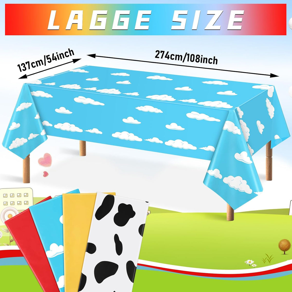 NOVWANG kids party tablecloth 4-pack in red, yellow, cloud and cow print - view 26