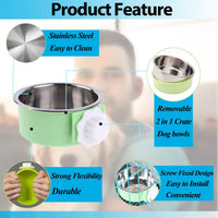 2 Pieces Crate Dog Bowl, Removable Stainless Steel Pet Kennel Hanging Food Water Feeder Bowl Cage - Blue,Green,Red,Grey - image 2