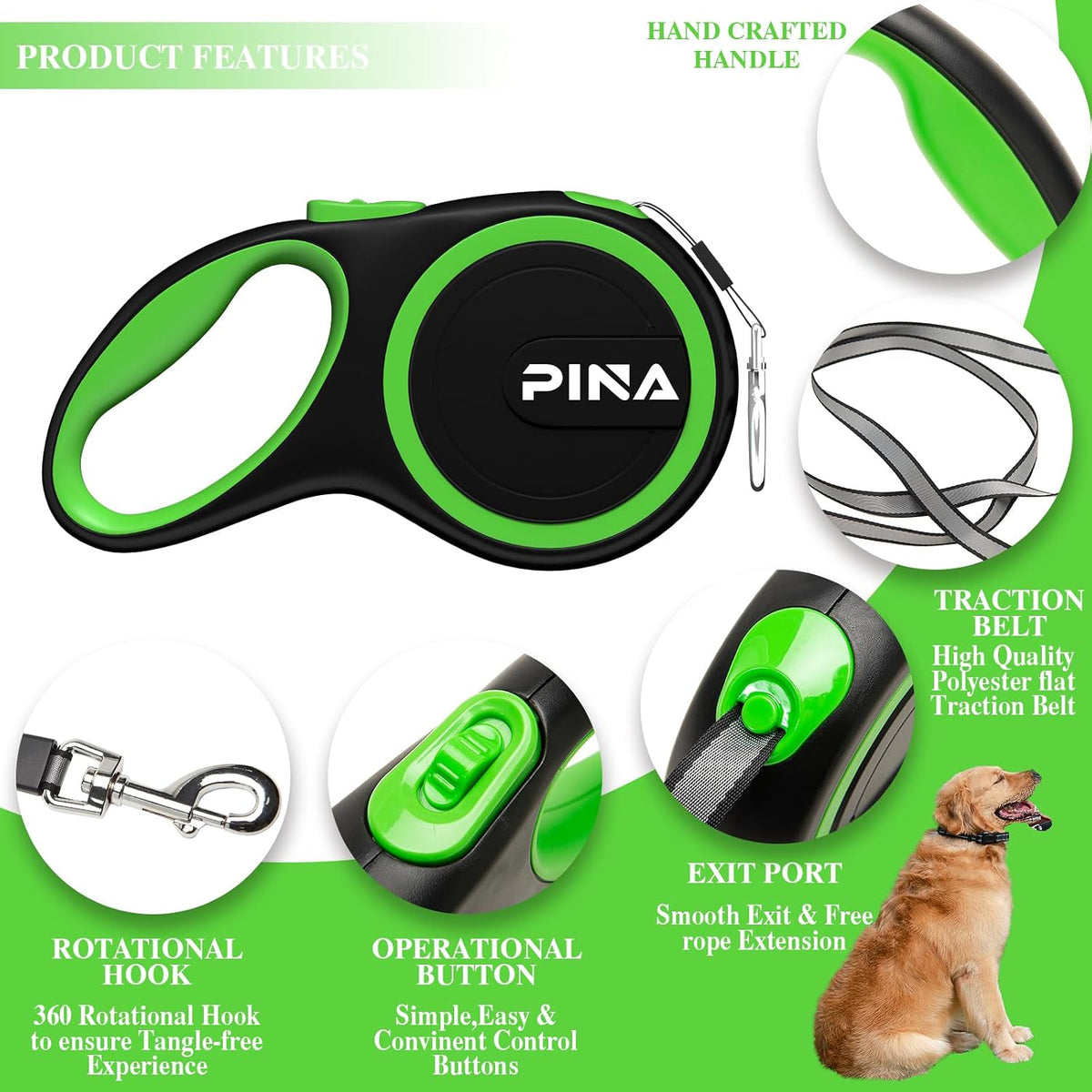 Retractable Dog Leash, 26ft Dog Leash for Small Medium Large Dogs Up to 110lbs, 360° Tangle-Free - 10 ft / Black Green - image 3
