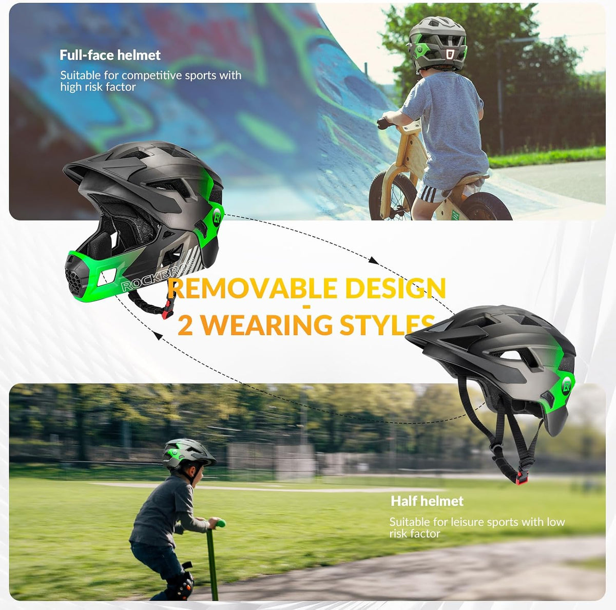 ROCKBROS Kids Full Face Bike Helmet Lightweight Detachable MTB Helmet – Fun for Kids & Family - Green Silver Black / Medium - image 4