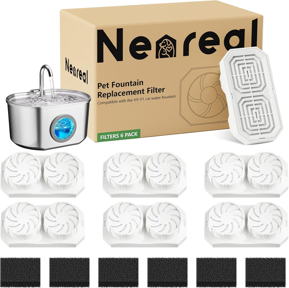 Neareal Cat Water Fountain Replacement Filters and Pre-Filter Sponges – Essentials for Cats - 6 Filters & 6 Sponges