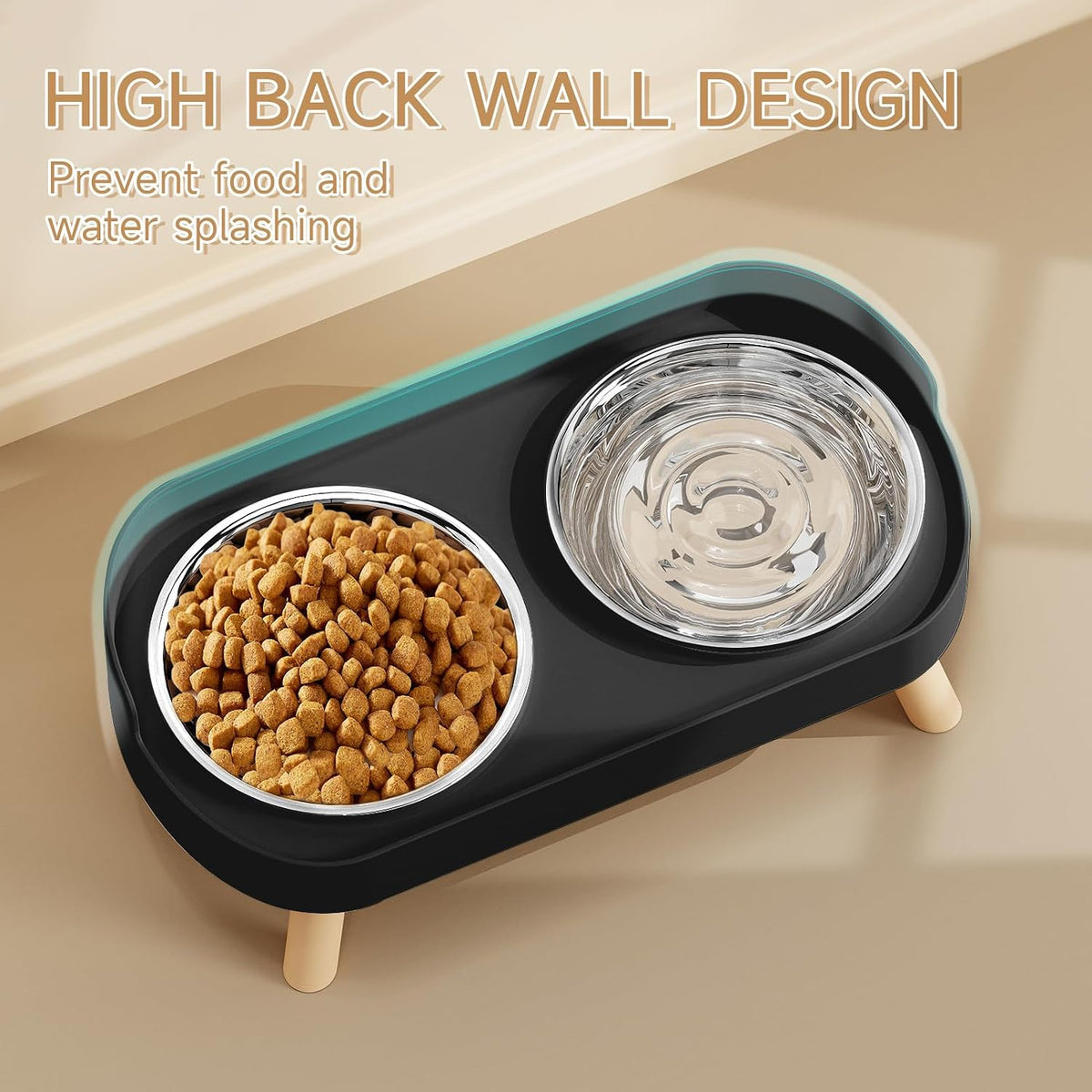 Elevated Cat Bowl, Raised Cat Food and Water Bowl Set for Indoor Cats, Splash Proof with 2 - Cat Bowls-Black - image 2