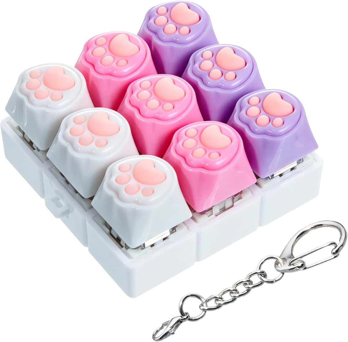 XiawaLangzhuo cat paw keyboard fidget toy, 9-in-1 clicker keychain in white and purple - view 10