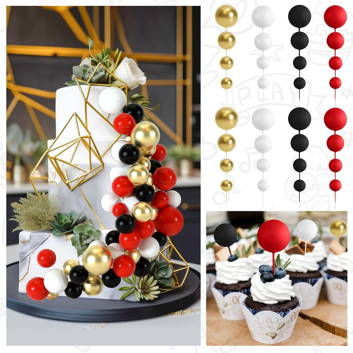 48 Pcs Balls Cake Topper Decorations Balloon Cupcake Toppers Foam - A06-black, Red, White, Gold - image 4