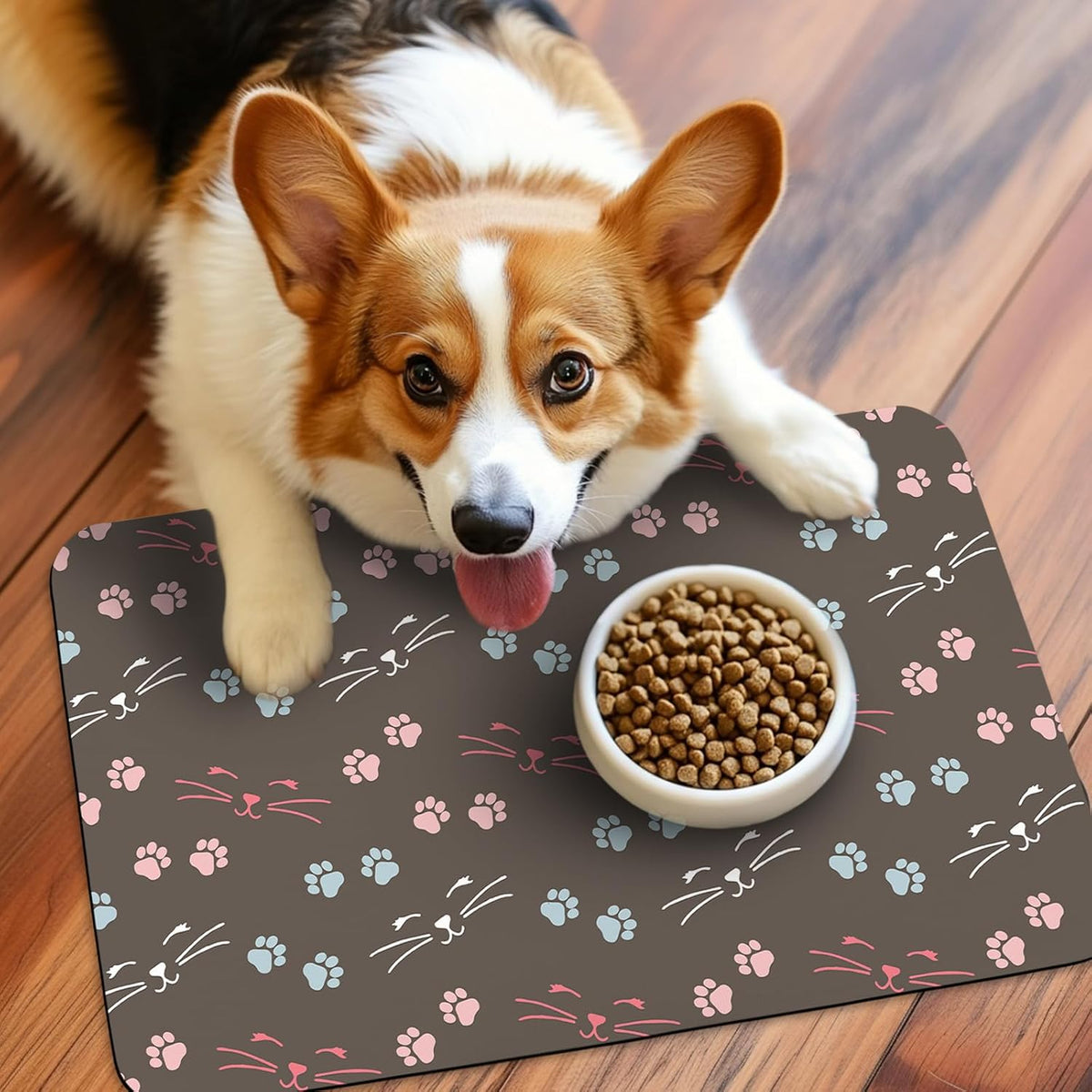 Patterned Cat & Dog Bowl Mat for Food and Water - Small (12" x 20") / Dark Brown-catpaw - image 2