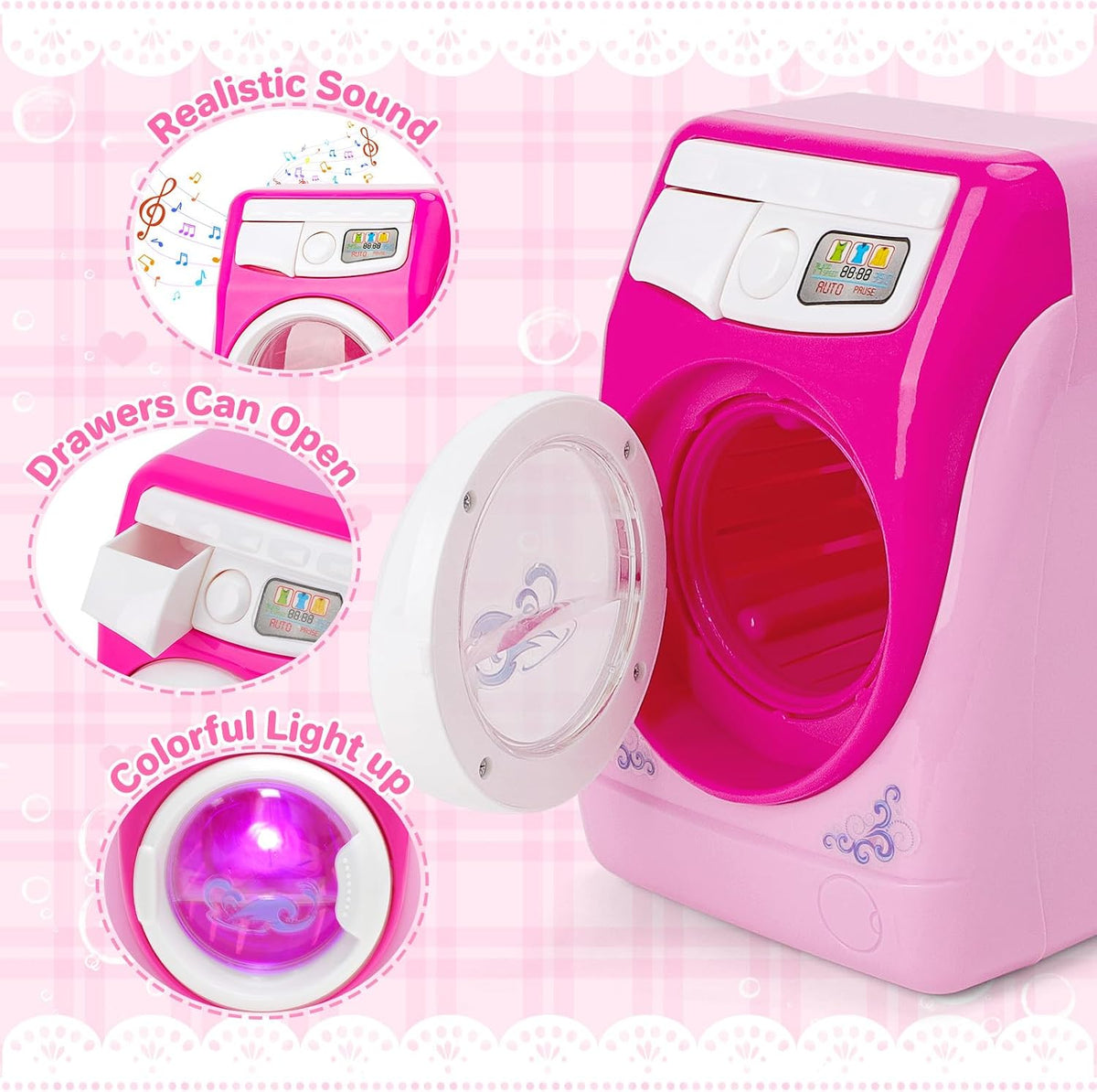 deAO Washing Machine Toy for kids Sound Lights Laundry Play Set - Pink - image 3