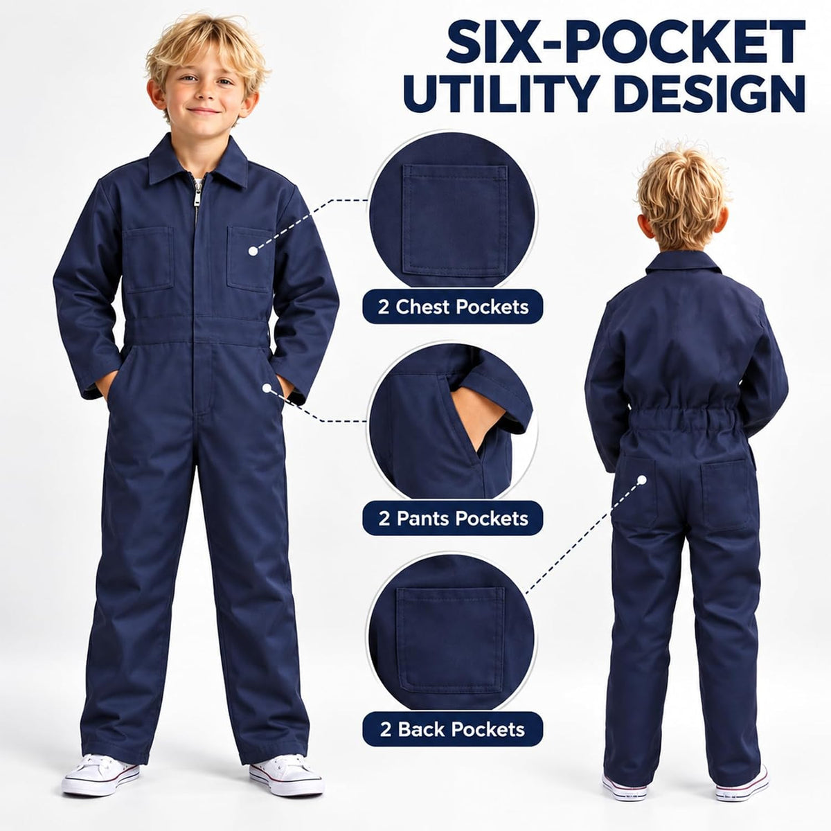 VZQI kids coveralls, navy six-pocket mechanic jumpsuit with front zipper - view 3