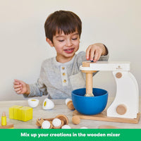 KiwiCo Bake-a-Cake wooden play kitchen set with toy stand mixer, cake and candles - view 4