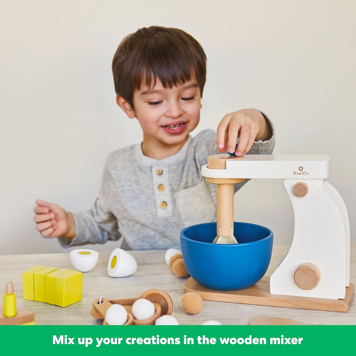 KiwiCo Bake-a-Cake wooden play kitchen set with toy stand mixer, cake and candles - view 4