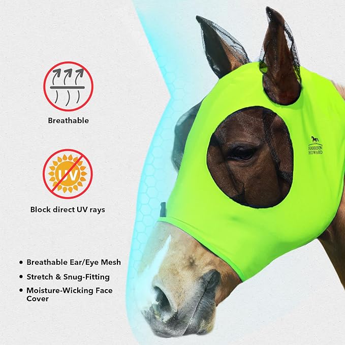 Harrison Howard Super Comfort Stretchy Fly Mask Large Eye Space with UV Protection Soft on Skin with Breathability Fluro Lime Full Size