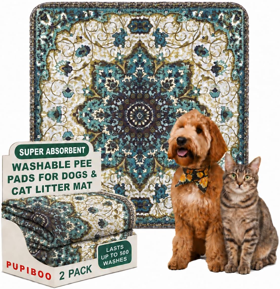 PUPIBOO Washable Pee Pads for Dogs and Cats - Green Medallion / 36 x 36 Inch (Pack of 2)