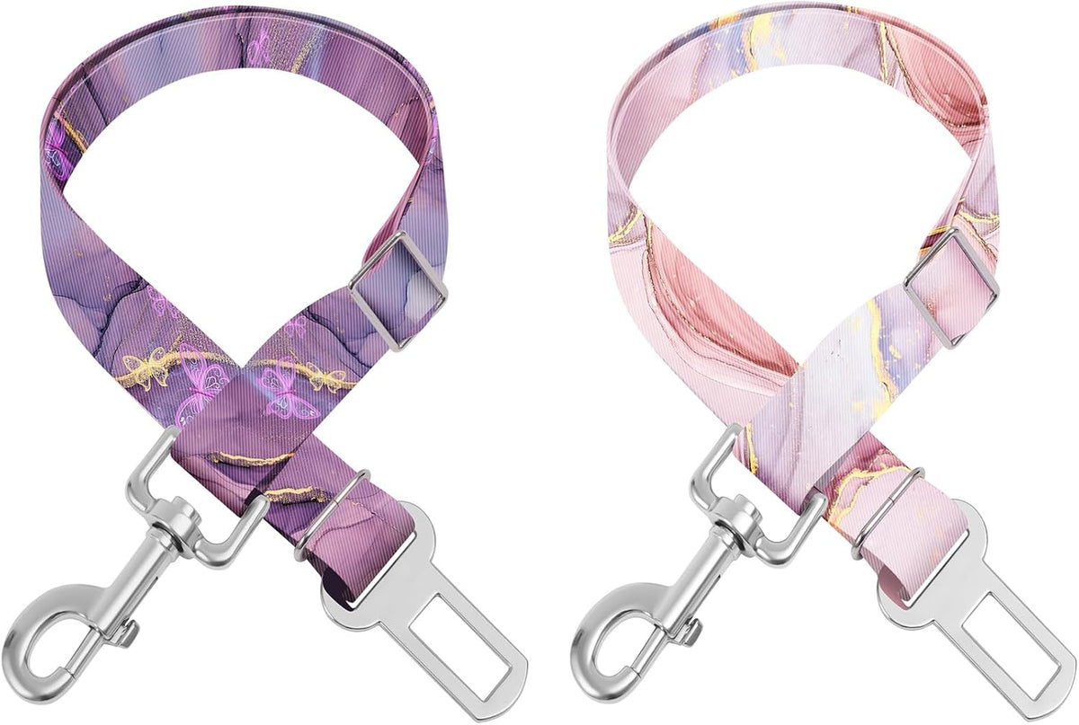 Adjustable pet cat and Dog car seat Belt，The Lanyard is Flexible - Pink Marble + Purple Marble