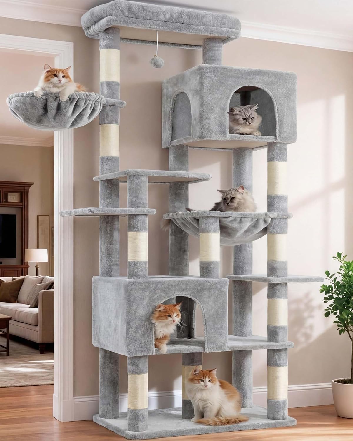 Heybly Cat Tree, 76-Inch Tall Heavy Duty Cat Tower for Big Cats HCT039G – Essentials for Cats - Light Gray / 76.8 inch