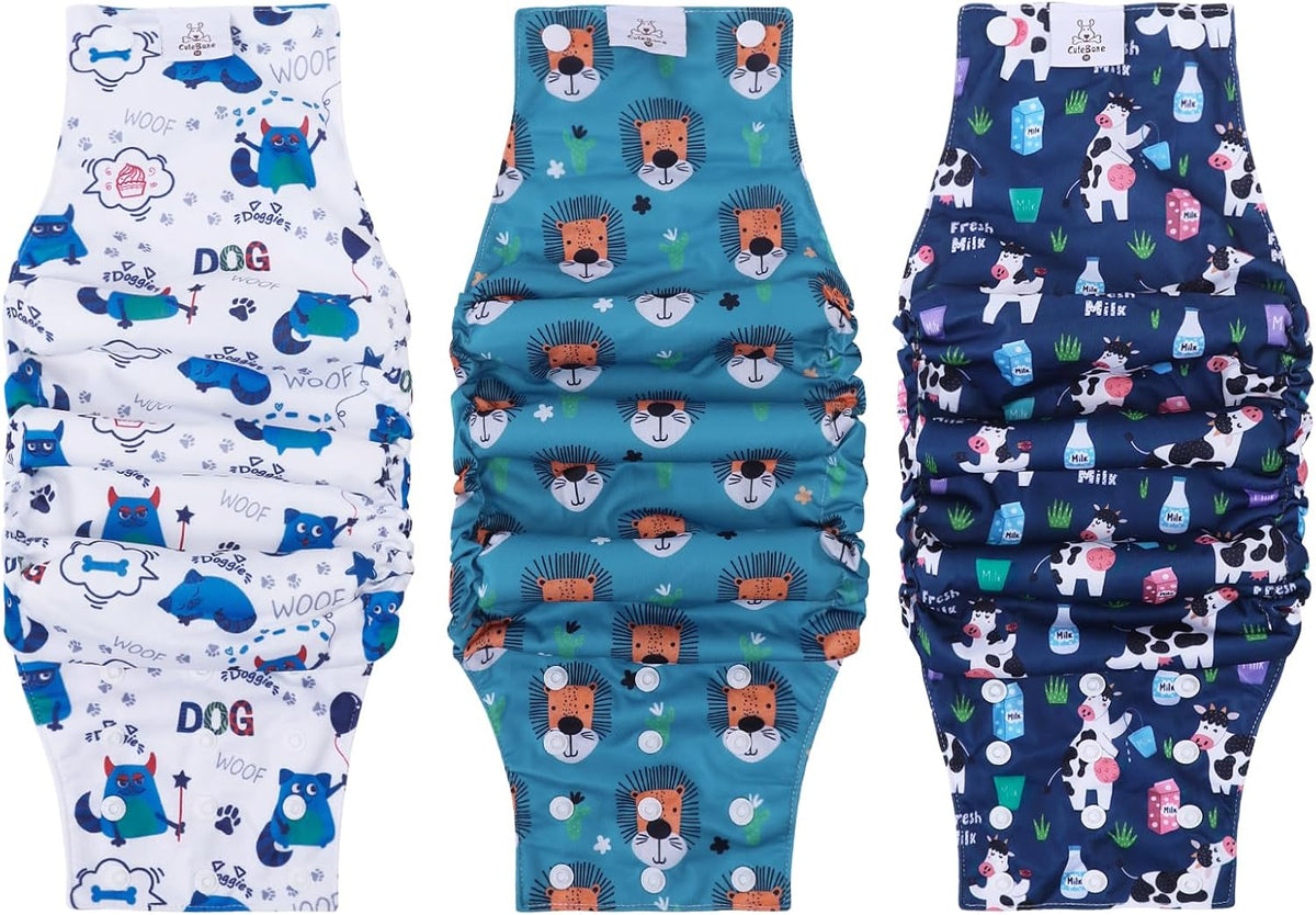 CuteBone Washable Dog Diapers Male with Snaps Reusable 3pcs a Pack - Buttons-Cow&Lion&Dog / S(11"-14")