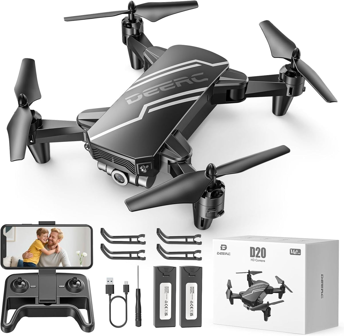 DEERC D20 Mini Drone for kids 1080P HD FPV Camera Remote Control - D20-Black