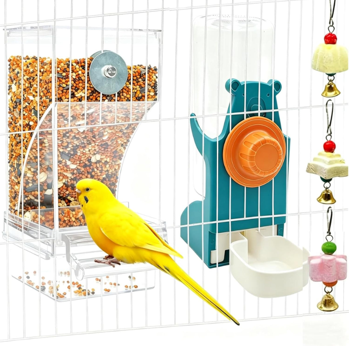 No Mess Bird Feeder for Cage Automatic Small Bird Food Container - Blue+Transparent / 2Pcs