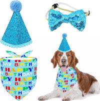 PET SHOW Pink Crown Dog Birthday Party Hat for Girls Reusable - Blue Cone Hat+Bandana+Bowtie