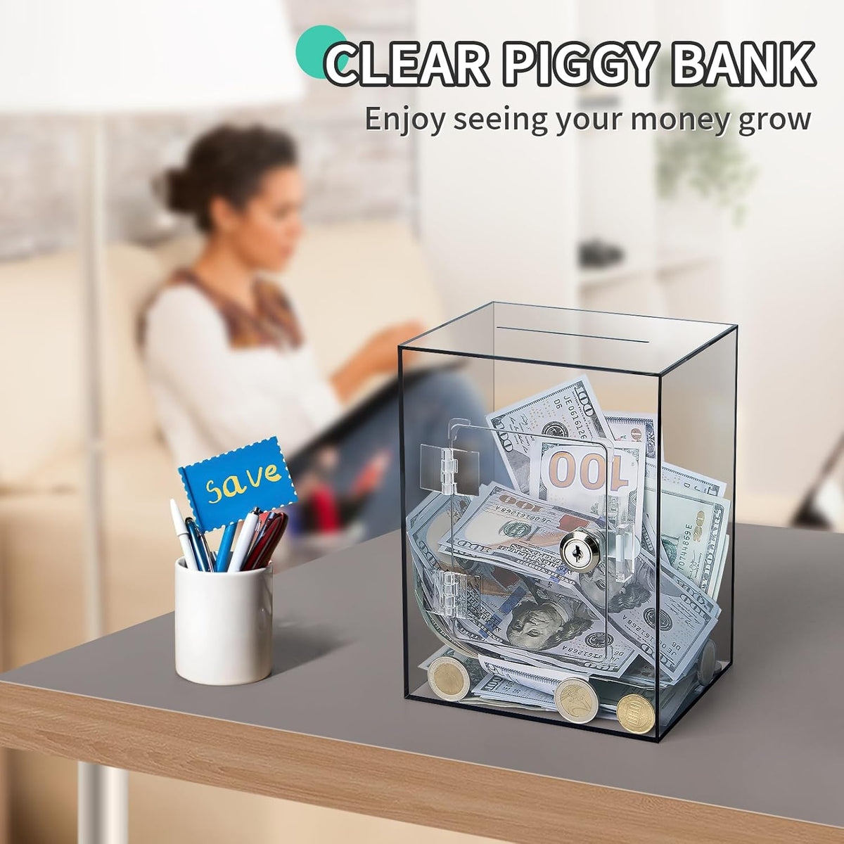 Clear Pink Piggy Bank with Lock & Key for Adults - Brown - image 4