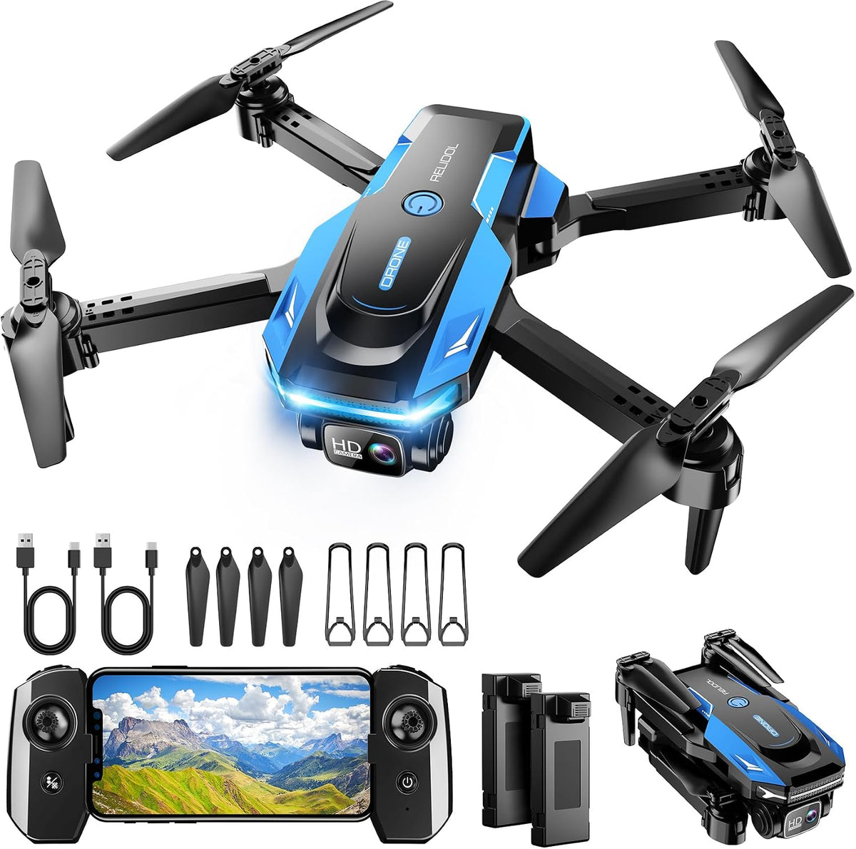 Drone with 1080P Camera - Foldable Remote Control RC Quadcopter FPV Drone – Fun for Kids & Family - Black&Blue
