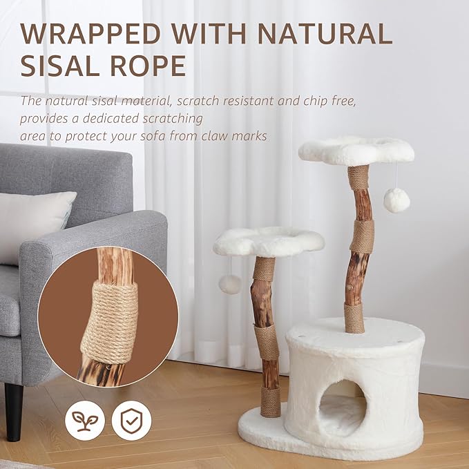 NATURAL EXPRESSIONS Modern Cat Tree and Tower for Indoor, Luxury Solid Wood Condo for Large Cats, Flower Cat Tree with Scratching Post, Cat Climbing Furniture with Cat Hiding Enclosure