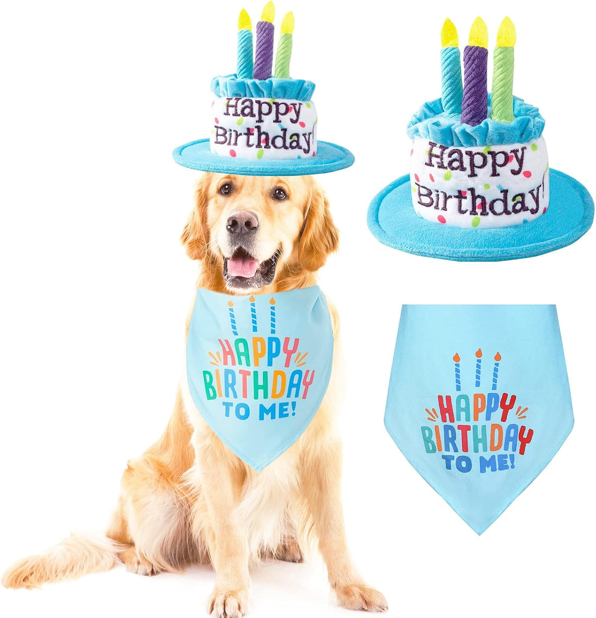 Large Dog Birthday Cake Hat & Bandana Set - Blue Hat & Bandana