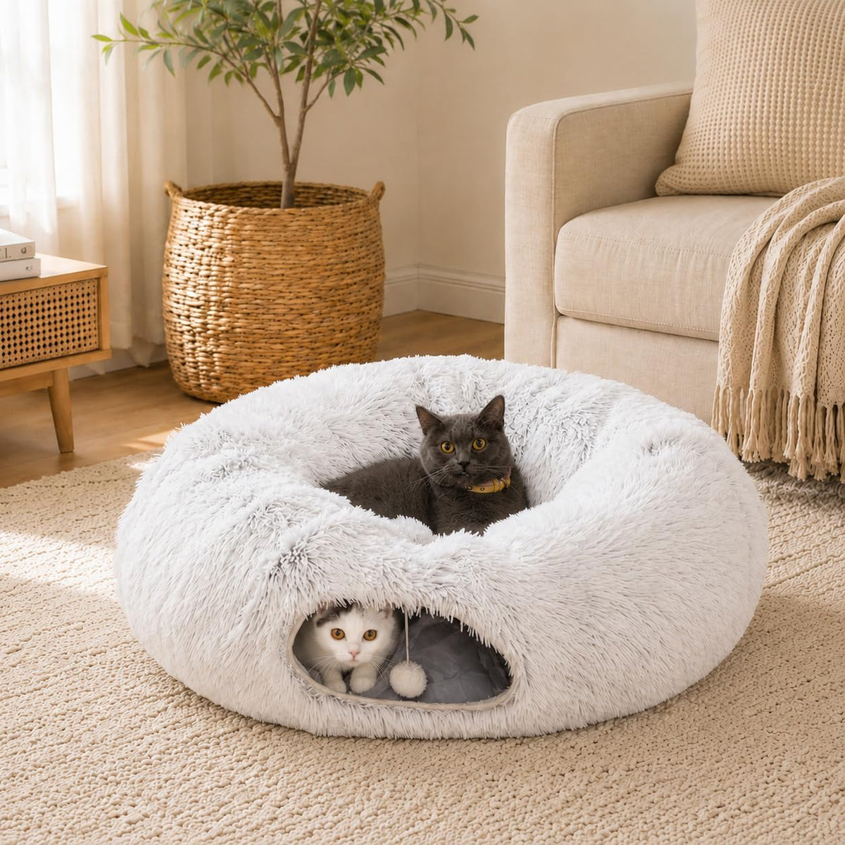 Warm Fluffy Plush Cat Dog Tunnel Bed Under Christmas Tree Big Tube - White - image 2