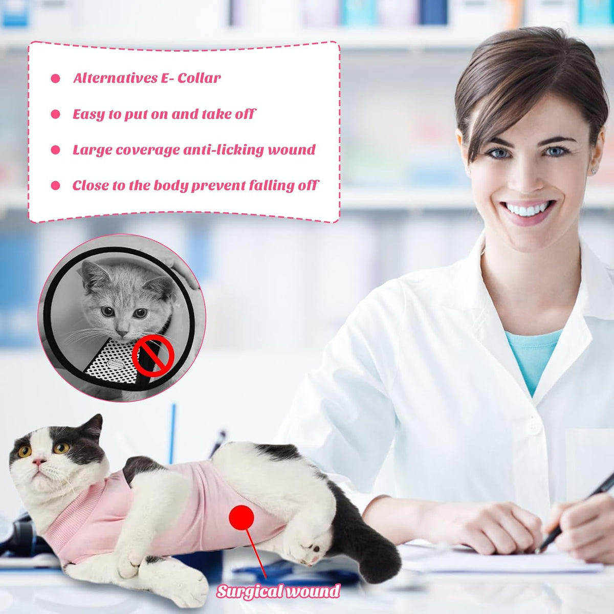 Cat Recovery Suit for Abdominal Wounds Cat Onesie After Surgery Female – Essentials for Cats - Pink / Large - image 2