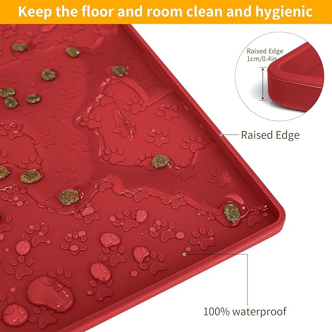 Ptlom Dog Food Mat Anti-Slip Pet Bowl Mats for Food and Water, High-Lips Pet Placemat Prevent Messy Spills to Floor, Waterproof Puppy Feeding Tray for Small, Medium Large Dogs Cats, Silicone