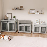 IchbinGo Large Dog Crate Furniture, 47" Wooden Dog Kennel with Sliding Barn Door, Flip-Top Lid & Wheels, Indoor Pet Crate Table with Detachable Divider for Small/Medium/Large Dogs (Rustic Grey)
