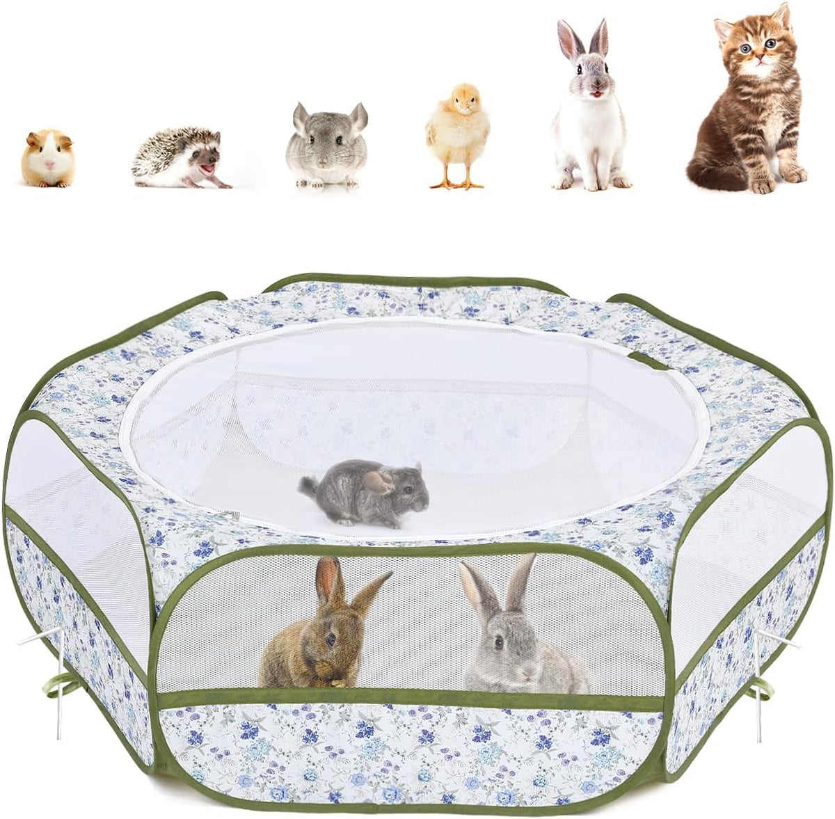 Pawaboo Small Animal Playpen, Waterproof Portable Pet Cage Tent - Blue + White Flower / 1