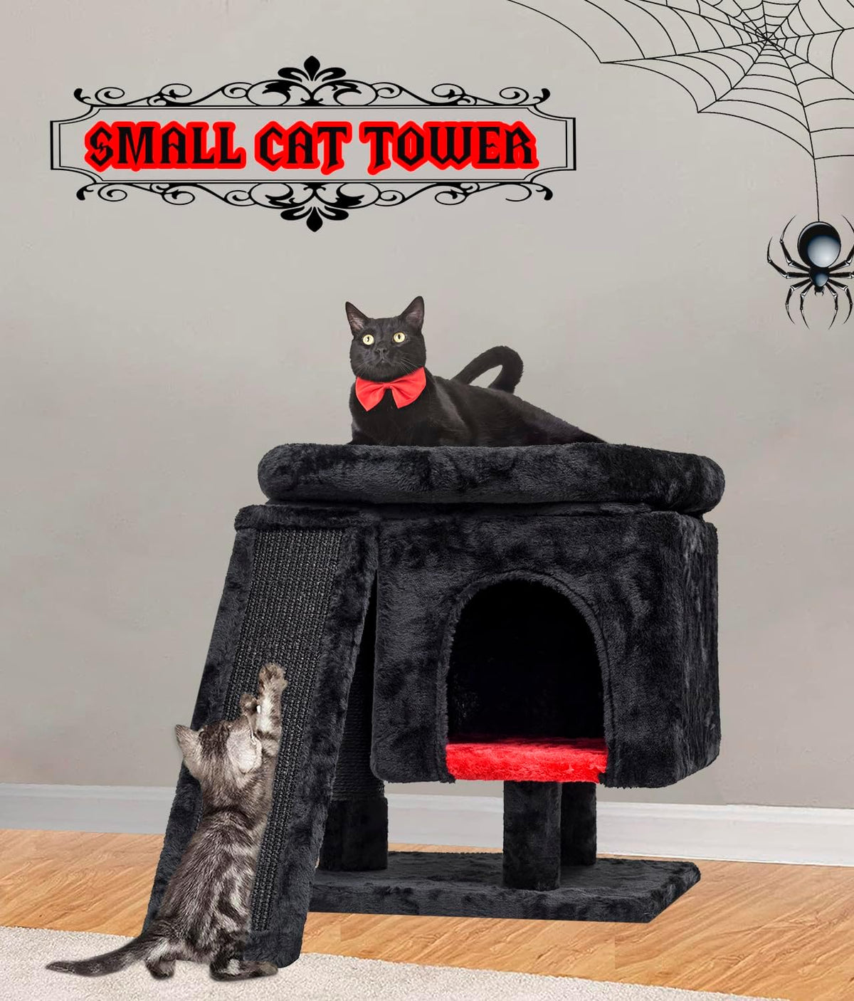 SYANDLVY Gothic Cat Tree with Coffin Bed for Indoor Cats - Black & Red - image 4